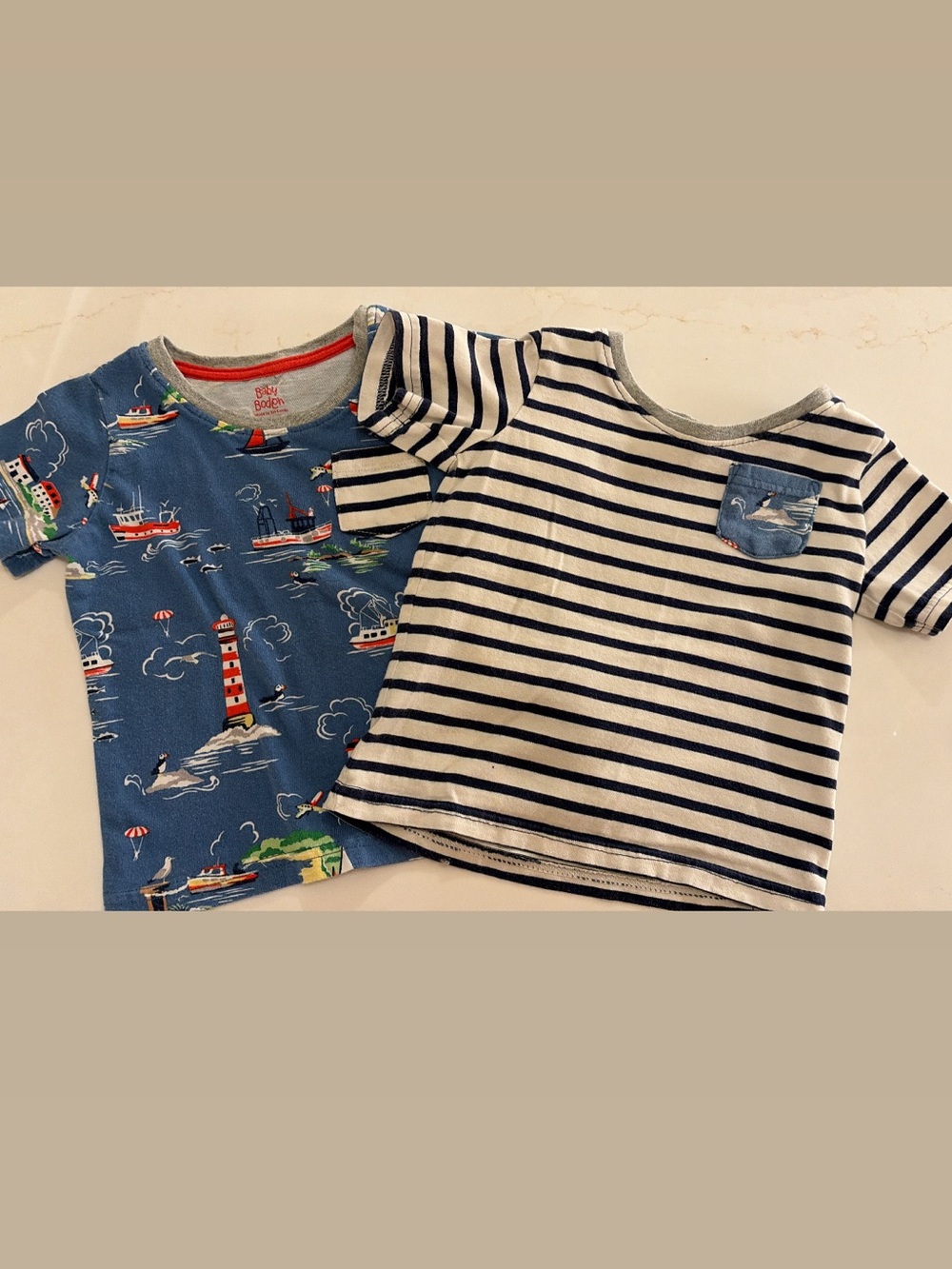 Blue Nautical Print Tee and White Navy-Striped Pocket Tops